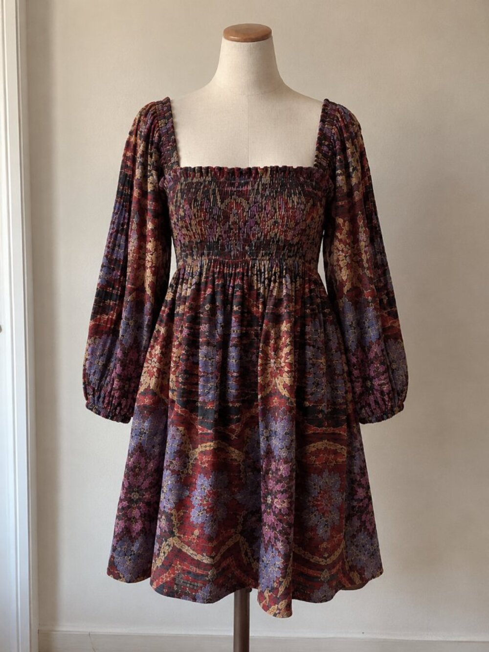 Free People Clara Corduroy Mini Dress XS Red Blue Floral Smocked Babydoll Fall